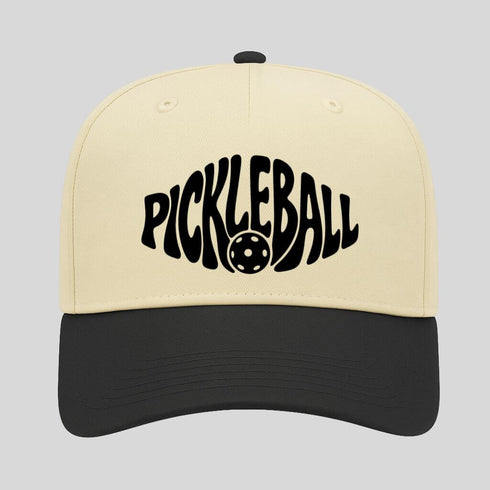 Beige and black cap with 'Pickleball' text on a gray background